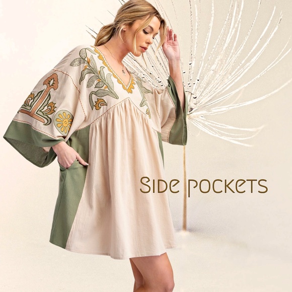 EASEL "Desert Flower" Xtra Full Comfy Linen-Look Embroidered Tunic Dress Pockets - Picture 4 of 15